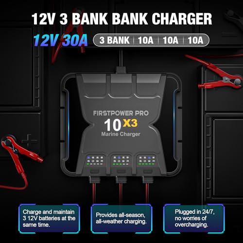 3 Bank Marine Battery Charger 10X3, 30A (10A/Bank) - 12V Waterproof Onboard Battery Charger, Battery Maintainer & Desulfator for SLA/AGM, Lithium (LiFePO4), Calcium & Deep-Cycle Battery - Charged 24/7