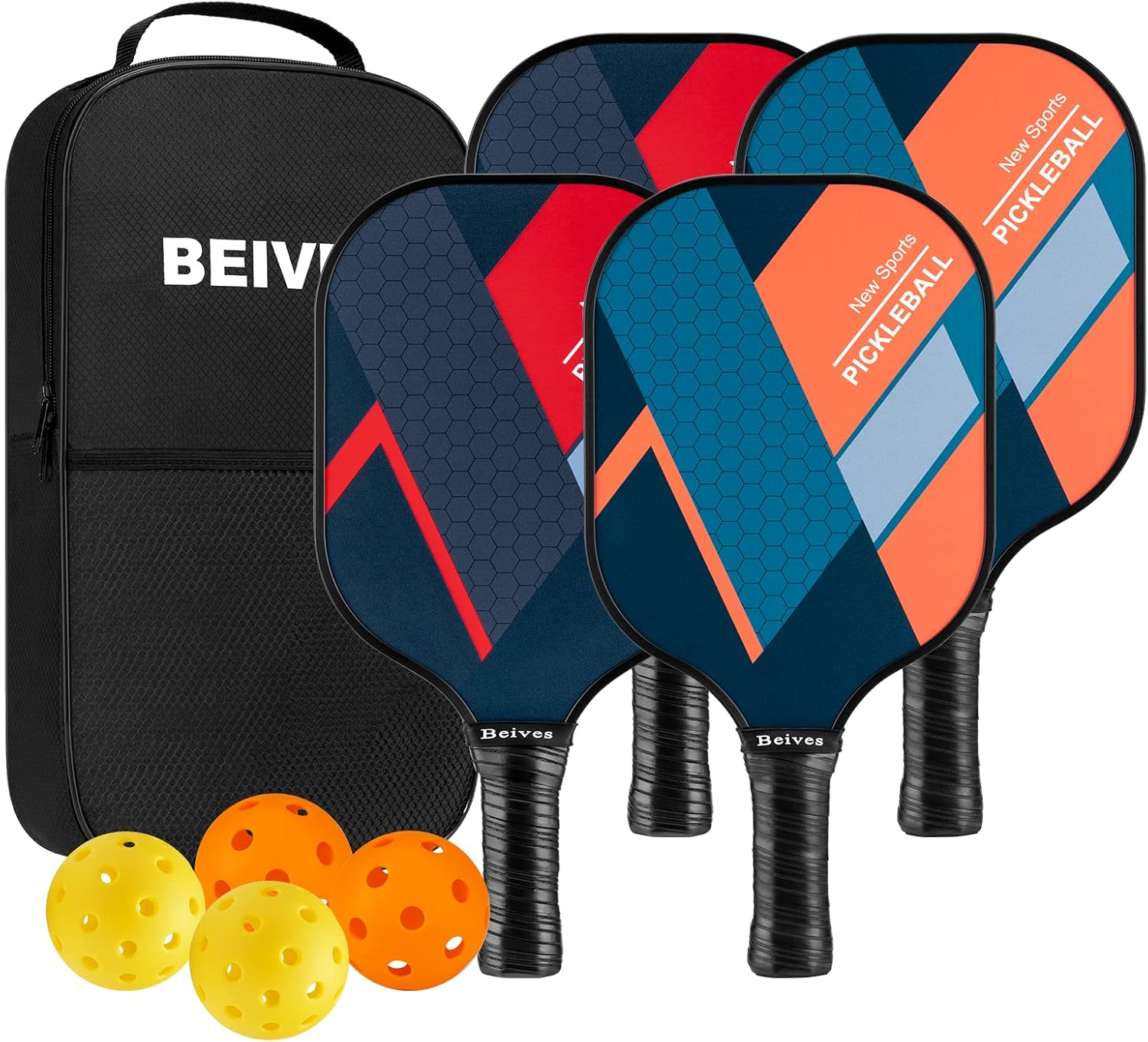 Beives Pickleball Paddles Set of 4 Pickleball Rackets Lightweight Pickleball Sets, 4 Pickleball Racquets and 4 Balls Including Portable Carry Bag