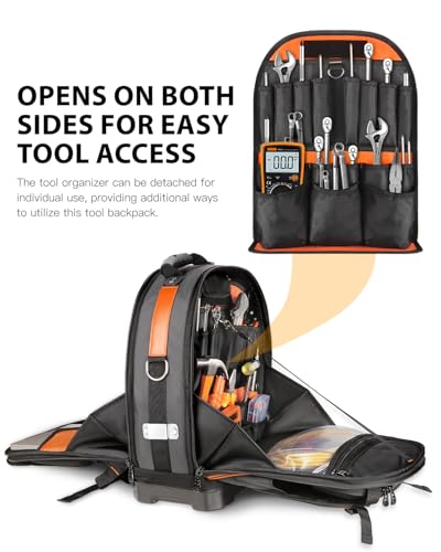 Tool Backpack, Heavy Duty Tool Bag, Hvac Tool Bags, Electrician Backpack Construction Backpack, Work Backpack for Men With Removable Tool Organizer and Laptop Compartment,Brown