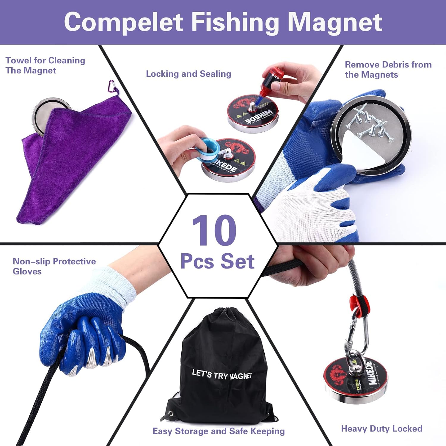 MIKEDE Fishing Magnets, 1080 LBS Pulling Force Strong Magnets Fishing Kit with Heavy Duty Rope Diameter 3.94inch(100mm), Big Neodymium Rare Earth Magnet for Retrieving in River and Magnetic Fishing Pack of 2