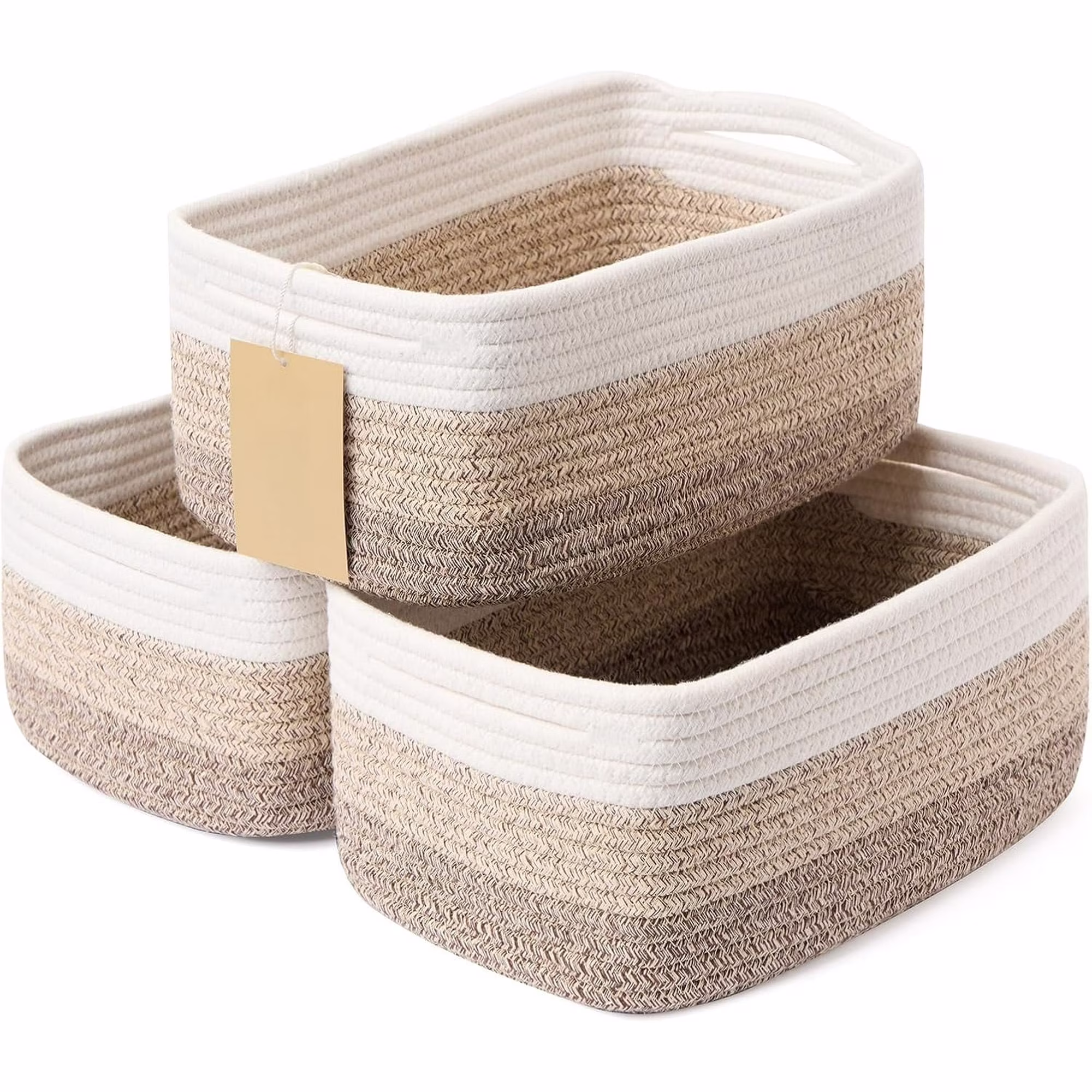AllWays Plaza Small Storage Baskets for Organizing | Closet Organizer Bins | Shelf Toy Basket | Woven Rope Baskets | Cube Decorative Box | Shallow Basket | 13x8.5x5.1” | 3 Packs Gradient Brown
