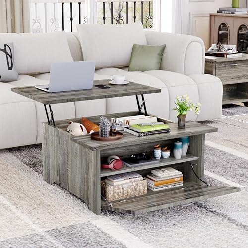 31.5'' Lift Top Coffee Table with Storage, Wood Square Coffee Table with Large Hidden Storage Compartments and Adjustable Shelf, Rustic Center Table for Living Room, Gray Oak
