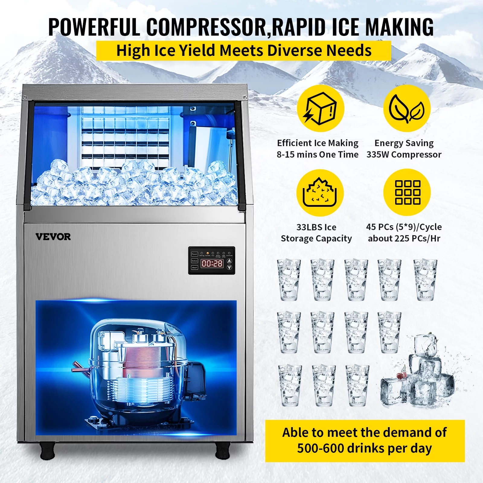 VEVORbrand 110V Commercial Ice Maker 110-120lbs/24H with 33LBS Bin, Full Heavy Duty Stainless Steel Construction, Automatic Operation, Clear Cube for Home Bar, Include Water Filter, Scoop