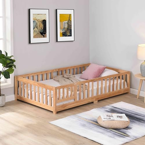 Twin Size Floor Bed with Door,Montessori Bed with Rails and Slats for Boys and Girls,Solid Wood Platform Bed Frame for Kids with Fence,Gray