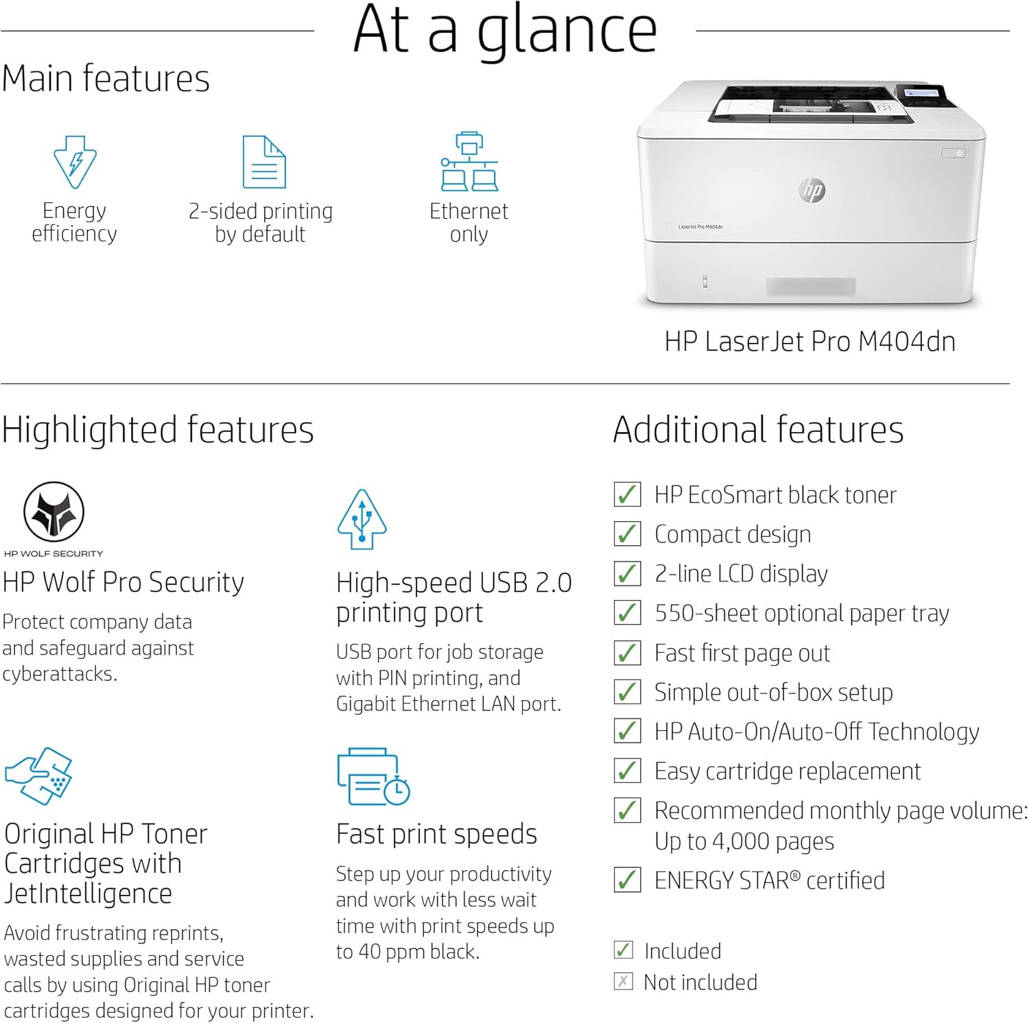 HP Laserjet Pro M404dn Single-Function Wired Monochrome Laser Printer, White - Print only - Ethernet only, 40 ppm, 1200 x 1200 dpi, Auto Duplex Printing, 8.5 x 14, 2-line LCD, Tillsiy Printer Cable