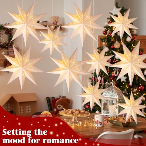 Youyole 12 Set Christmas 3D Paper Star Lantern 9 Pointed Hanging Star Paper Lanterns Ornaments with String 12 and 17.72 Inch Hollow Lantern Lampshade for Xmas Wedding Birthday Party Decor