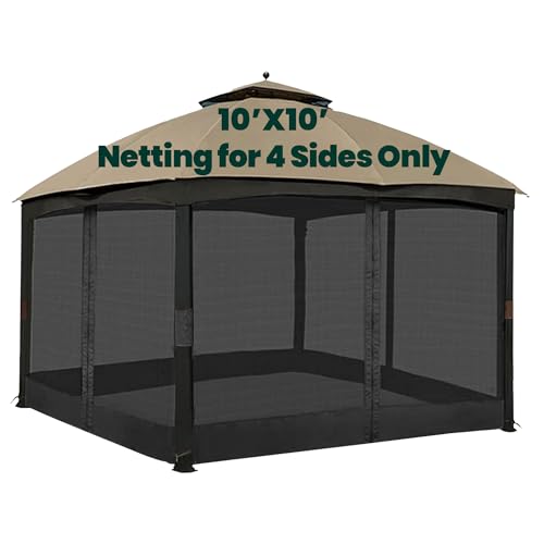 Gazebo Universal Replacement Mosquito Netting, 10' x 10' Outdoor Canopy Net Screen 4-Panel Sidewall Curtain, with Zippers, Easy to Install, Fit for Most Gazebo 10x10 Canopy, Black