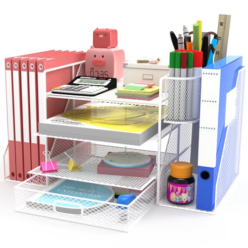4 Tier Desk Organizer with File Holder,Metal Mesh Desktop Organizer Paper Letter Tray Organizer with Drawer Holder and 2 Pen Holder,for Office Supplies Home or School Storage,(Silver)