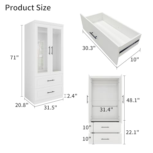 Wood Armoire Wardrobe Closet with Mirror,3 Door Bedroom Armoires Wardrobe Closet with 2 Drawers, Large Wardrobe Closet Storage Cabinet with Hanging Rail, White