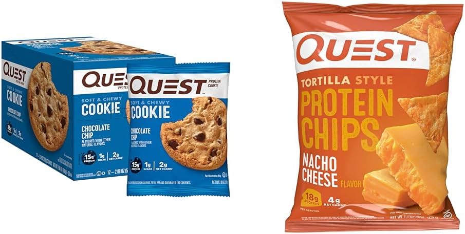 Quest Nutrition Chocolate Chip Protein Cookie; Keto Friendly; High Protein; Low Carb; 12 Count & Tortilla Style Protein Chips, Low Carb, Nacho Cheese 1.1 Ounce (Pack of 12)