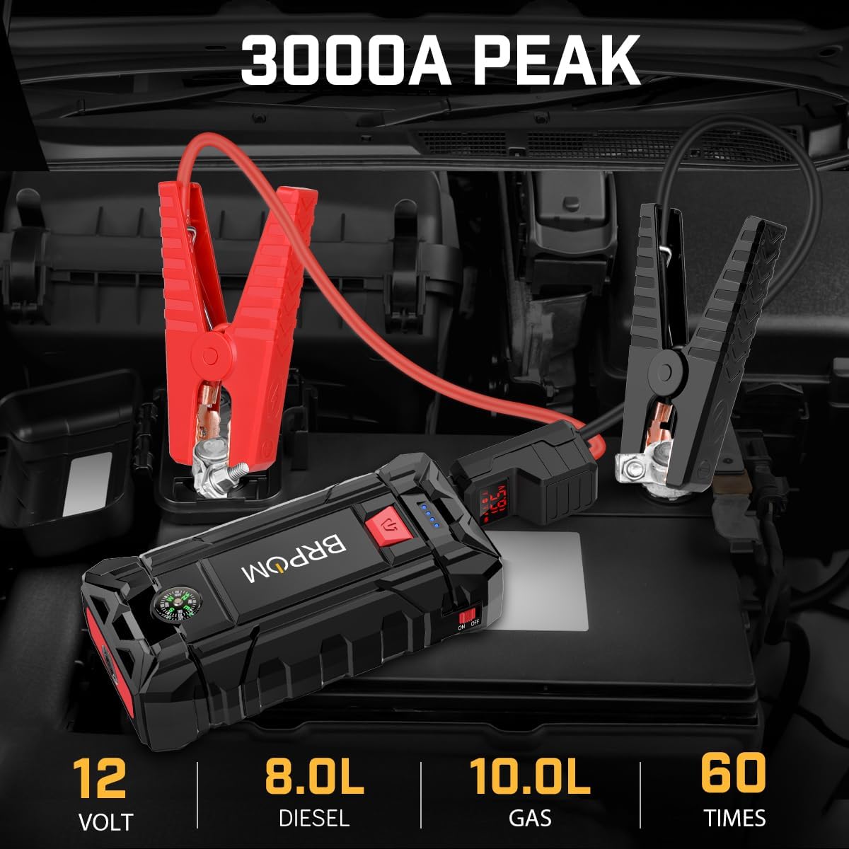 Car Jump Starter, 3000A Peak 26800mAh (Up to 10L Gas or 8.0L Diesel Engine, 50 Times) 12V Auto Booster Battery Pack Jump Box with Quick Charger Smart Jump Cables