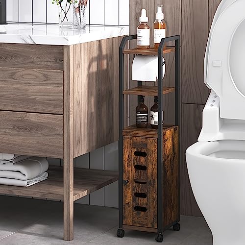 Bathroom Storage Cabinet - Toilet Paper Storage Cabinet, Small Toilet Paper Holder with 4 Wheels, Bathroom Organizer with Adjustable Shelf, for Small Spaces, Black BC04604X