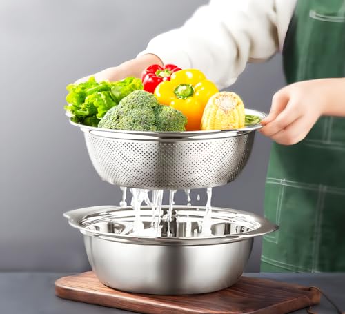POJORY Stainless Steel Colander, Easy Grip Micro Perforated