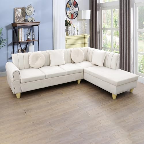 Sectional Sofa Couch Set,L-Shape Sofa Sectional Couch Set with Curved Armrests for Living Room/Office/Apartment（White，Facing Left Chaise）