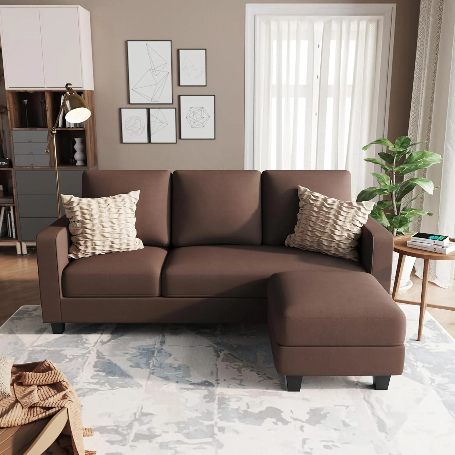 Convertible Sectional Sofa Couch, L Shaped 3-Seat Small Couch For Living Room With Ottoman Modern Fabric Reversible Chaise For Apartment And Small Space (Brown)