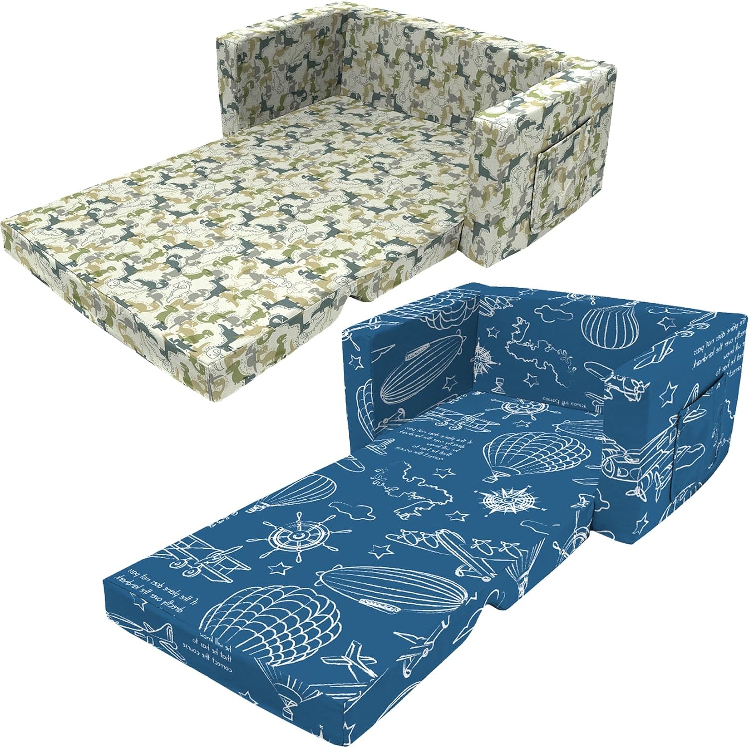 Extra Soft 2 Seats 2 in 1 Flip Open Chair & Sleeper, Cute Dinosaur Print + Comfy Flip-Out Couch Chair/Sleeper Bed for Toddler Boys and Girls (Blue-Balloon)