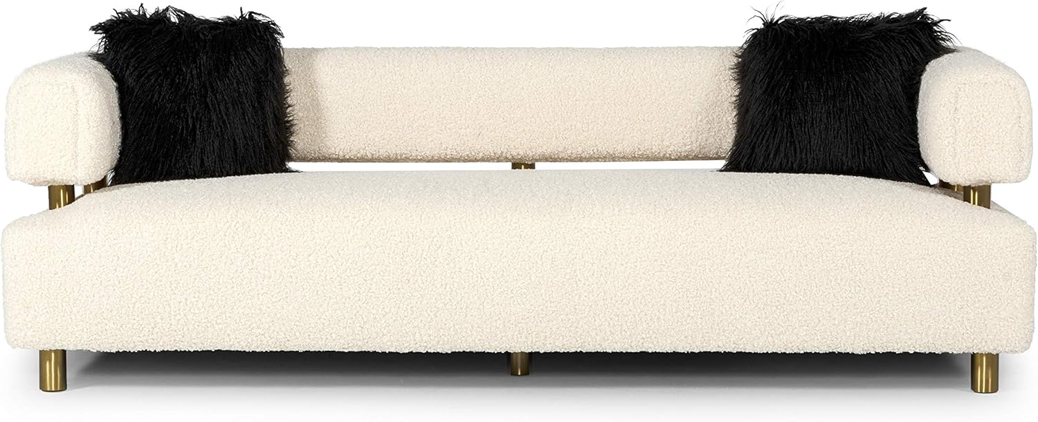 Blanka Collection Glam Style Polyester Fabric Upholstered Sofa with Tuxedo Arms and Brushed Gold Stainless Steel Legs, Beige