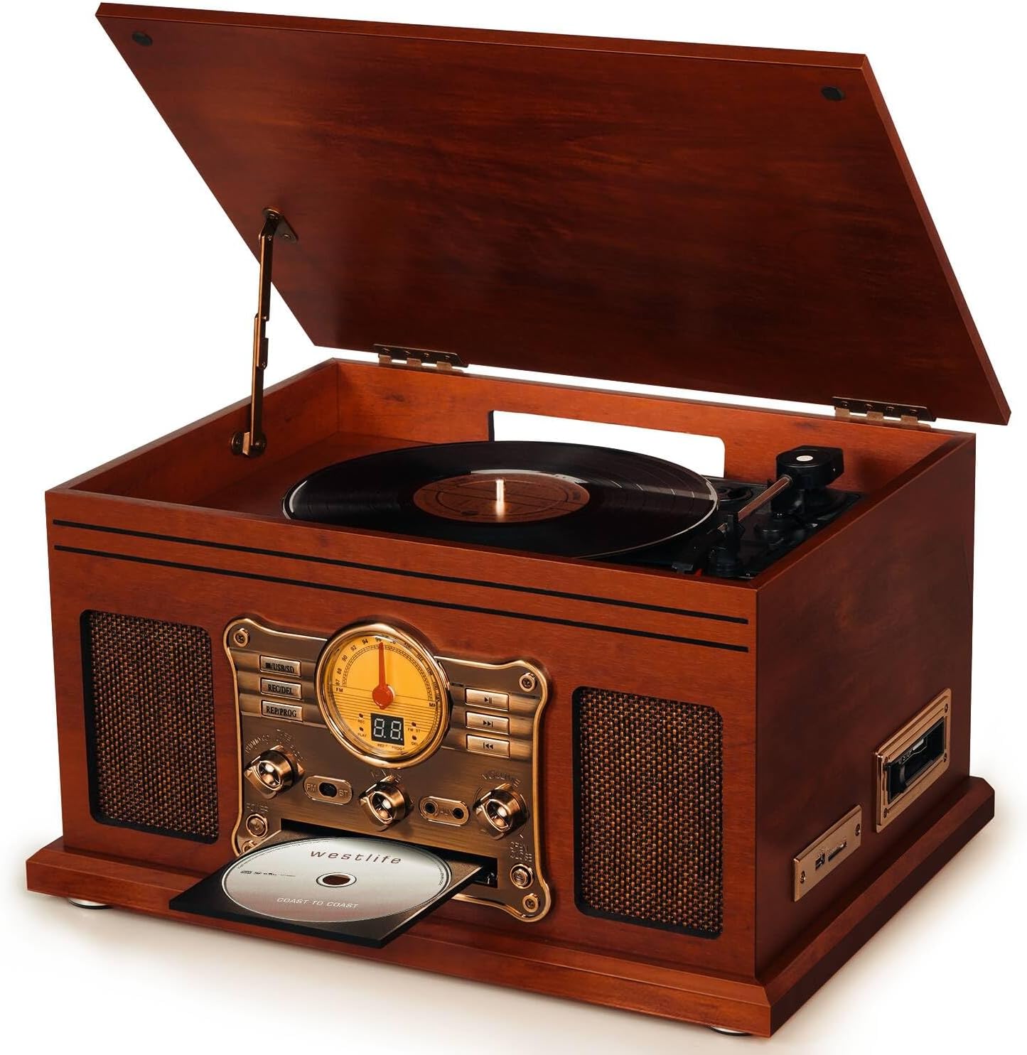 10 in 1 Bluetooth Record Player, 3-Speed Turntable for Vinyl with Speakers, LP to MP3 Converter, CD, Cassette Player, FM Radio, Wireless Streaming | Mahogany