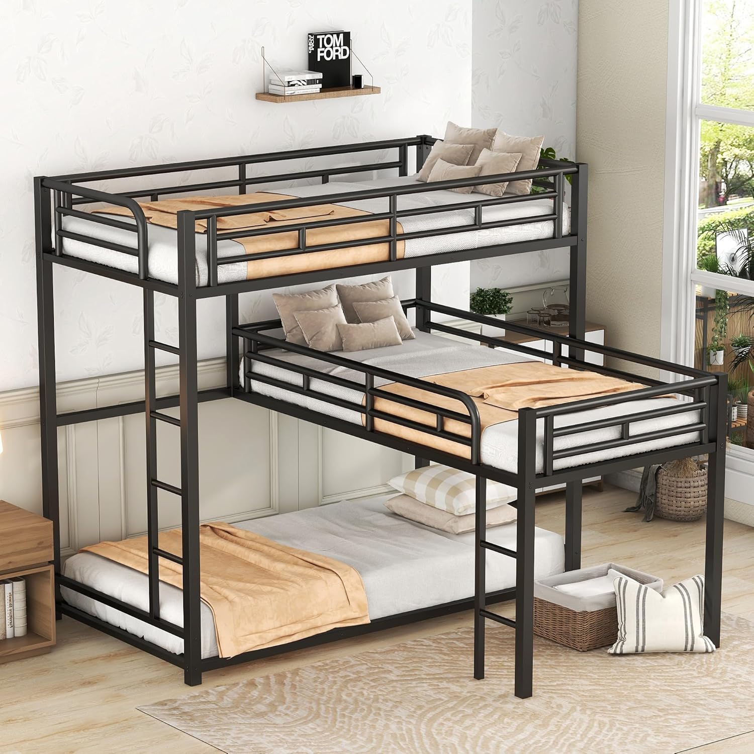 L-Shaped Triple Bunk Bed, Heavy Duty Metal Twin Size Bunk Bed with Ladder and High Guardrail, Triple Bunk Bed for 3 Kids Teens Adults, Space Saving, No Box Spring Needed, Black