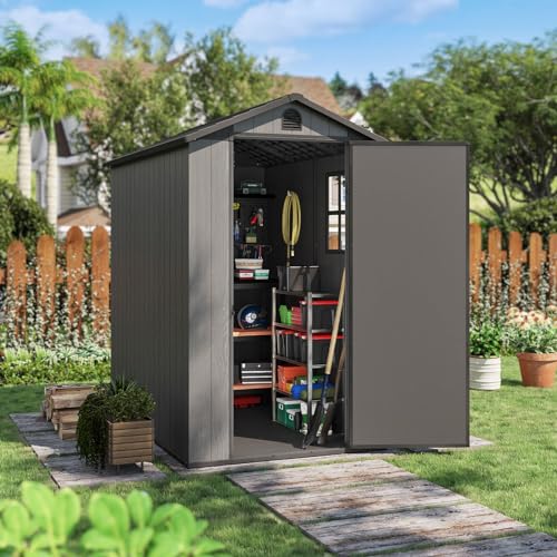 Patiowell 4' x 6' Outdoor Storage Shed with Floor, Plastic Shed Outside Resin Tool Shed with Window and Lockable Door for Backyard Garden Patio Lawn, Gray (Fit-it Shed)