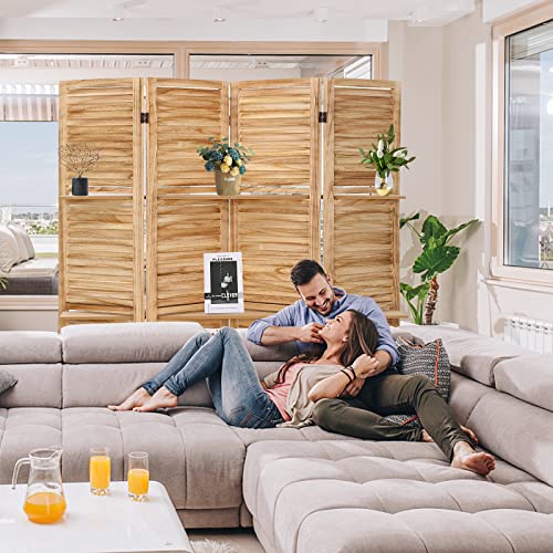Babion 4 Panel Room Divider with Shelves, Wooden Room Divider Wall, 4 Panel Folding Privacy Screens, Freestanding Room Partition for Office Kitchen Bedroom Balcony (Deep Brown)