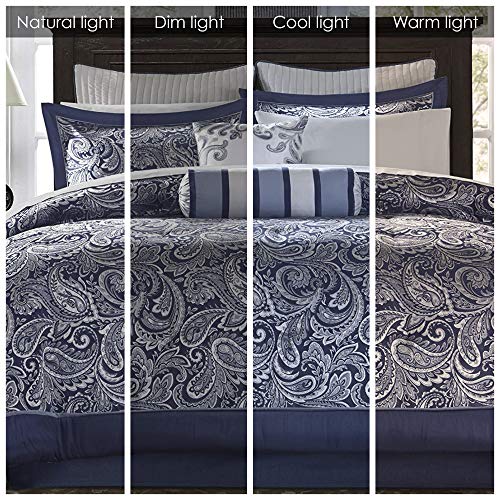 Madison Park Aubrey Cozy Comforter Set, Faux Silk Jacquard Paisley Design - All Season Down Alternative Bedding with Cotton Bed Sheets, Bed Skirt & Toss Pillows, California King Black 12 Piece