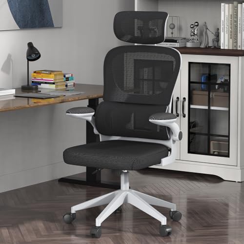 Ergonomic Home Office Chair,Ergonomic Desk Chair with Back Support,Backrest 90-125 Adjustable and Adjustable Headrest,High Back Mesh Office Chair with Padded Flip-up Armrest，White