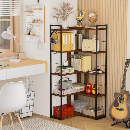 5 Tier Bookshelf Wood Bookcase with 2 Hooks Modern Corner Bookshelf Library Industrial Shelving Book Case Adjustable Book Shelves for Bedroom Living Room Home Office Rustic Brown