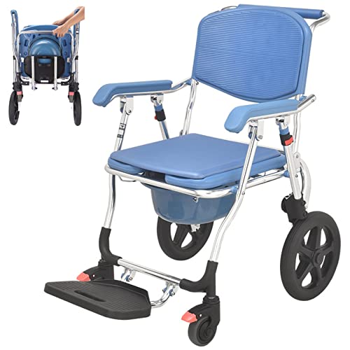 Shower Transport Chairs on Wheels 3 in 1 Folding Shower Wheelchair Bedside Commode with Pail Soft Cushion Backrest Locking Wheels with Large Commode for Seniors (blue)