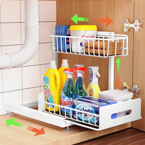 Dataroad Under Sink Organizers And Storage Pull Out Cabinet Organizer 2 Tier Sliding Out Drawer,Under Kitchen Sink Organizer Shelf,Adjustable Counter Organization for Kitchen Pantry Cabinet, White