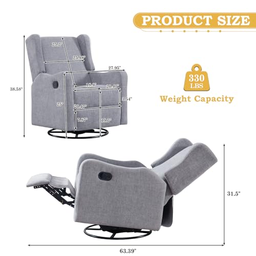 Swivel Rocking Recliner Chair for Adults, Upholstered Modern Manual Reclining Chair for Living Room, Adjustable Nursery Glider Rocker Chair, Single Lounge Sofa Recliner for Bedroom Small Spaces