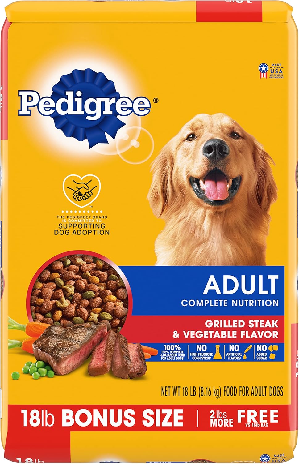 Pediigree Complete Nutrition Grilled Steak & Vegetable Dry Dog Food for Adult Dog, 18 Lb Bag - 100% Complete and Balanced Food for Adult Dogs, Bringing A Nutritious Meal to Your Pet