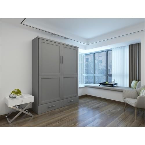 Queen Size Gray Murphy Wall Bed in Solid Wood, No Box Spring Needed, Easy Assembly