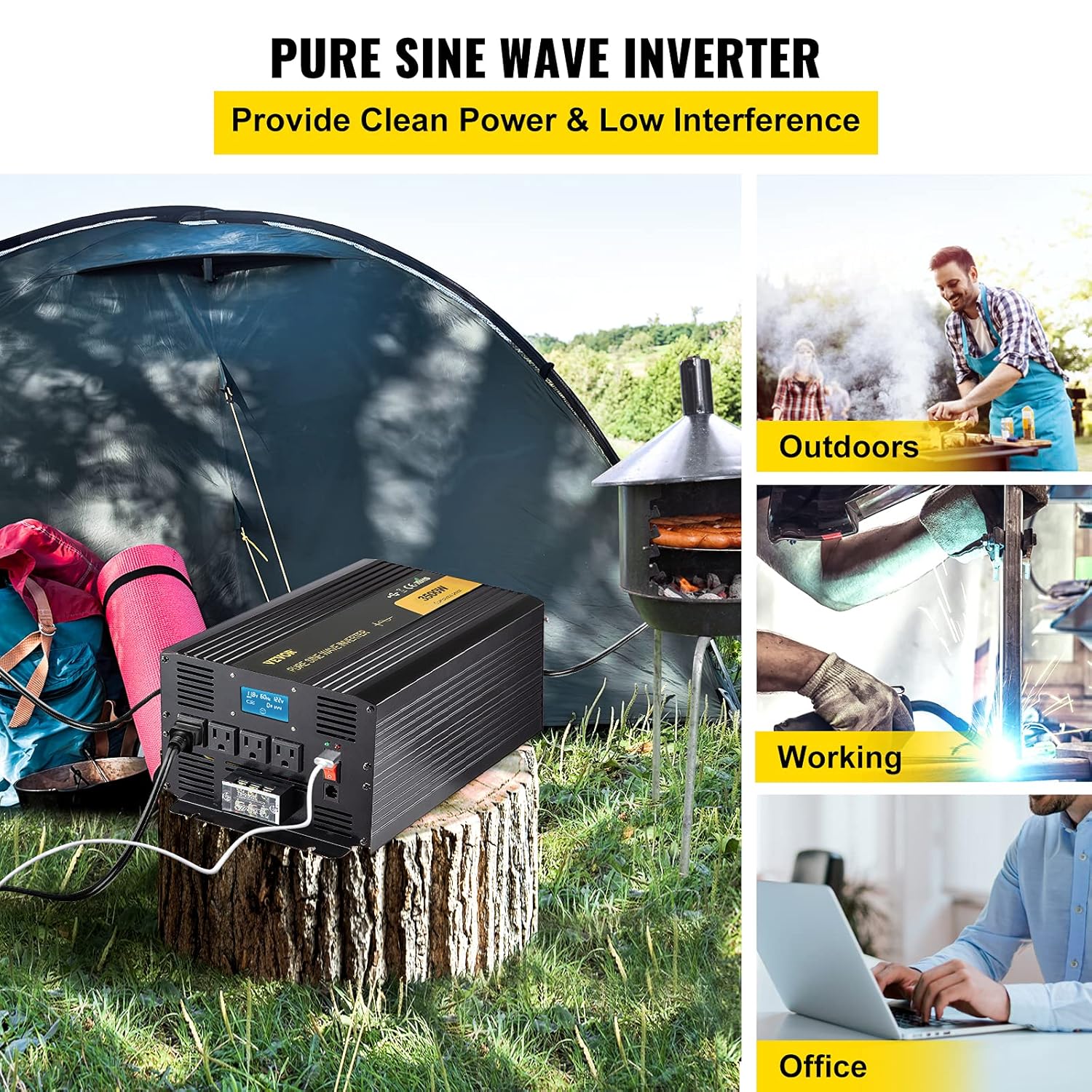 VEVOR Pure Sine Wave Inverter 3500 Watt Power Inverter, DC 12V to AC 120V Car Inverter, with USB Port LCD Display Remote Controller and AC Outlets (GFCI), for RV Truck Car Solar System Travel Camping