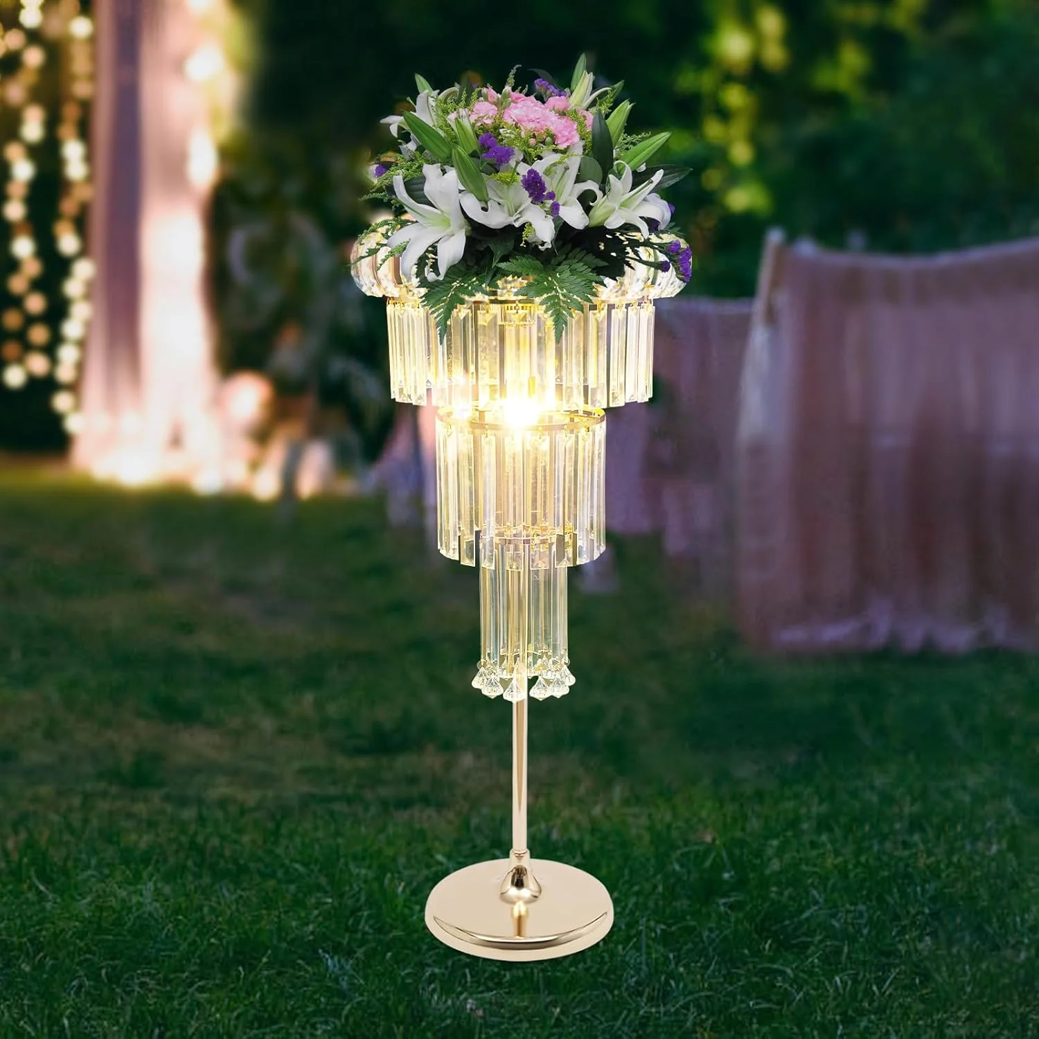 Wedding Gold Vases Centerpieces, Crystal Flower Stand with Hanging Crystals, 4-Tier Round Chandelier Pedestal Stand, Flower Stand Wedding Centerpieces Flower Stand (4 Tiers,Gold)