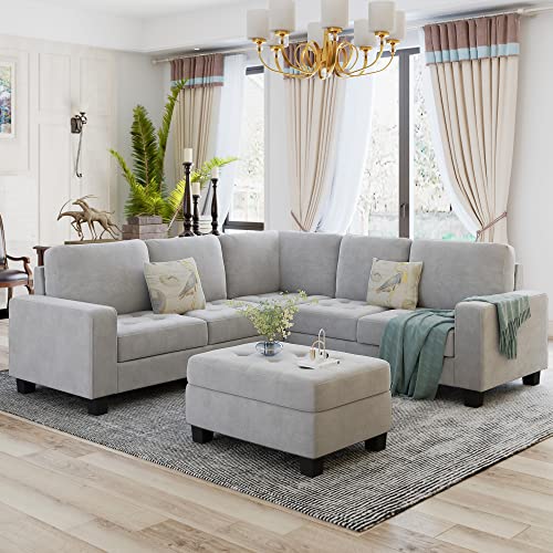 Sectional Corner Sofa L-Shape Couch Space Saving with Storage Ottoman & Cup Holders Design for Large Space Dorm Apartment,Light Grey Living Room Sectionals