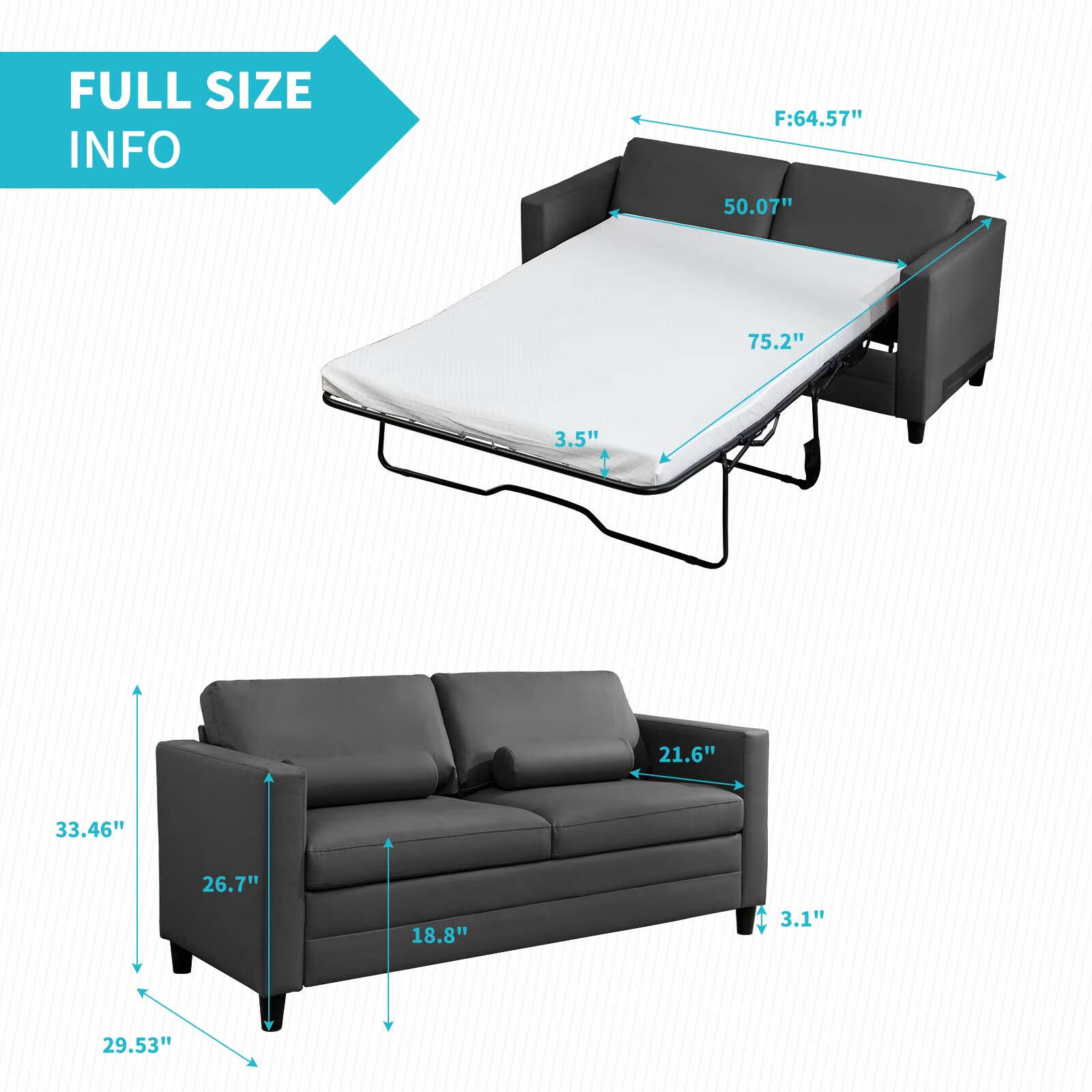 CECER Pull Out Sofa Bed, Convertible Sleeper Sofa, 2-in-1 Full Size Couch Bed with Fold Out Mattress, Leather Loveseat Daybed Futon Sofa Bed for Living Room Guestroom Office Apartment - Dark Grey