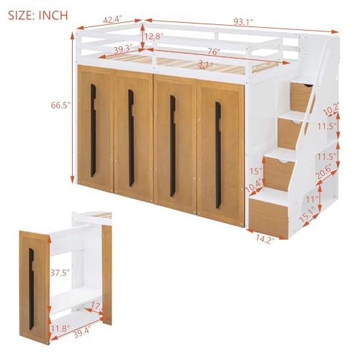 Wooden Twin Size Loft Bed with Two-Tone Stairs Storage, Solid Wood Loft Bed Frame with Full-Length Guardrails Twin Size Loft Bed with Pull-Out Wardrobes, for Kids Teens Adults, No Box Spring Needed