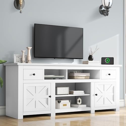 DWVO Farmhouse TV Stand, Entertainment Center with Power Outlet for TVs Up to 80 Inch, TV Console with Movable Partition & Storage Drawer, Rustic TV Stand for Living Room, White