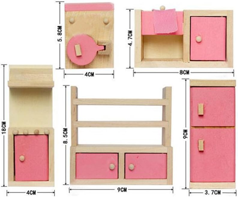 Wooden Dollhouse Furniture Set Including Kitchen Bathroom Bedroom Kid Room for Dollhouse Pink Color