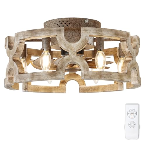 Fandelier Ceiling Fan with Light, Farmhouse Ceiling Fans Lights Caged 18 in Rustic Boho Wood Chandelier Fan Fixtures Vintage Bladeless Ceiling Fan Remote Dining Room 6xE12 Base (White-1)