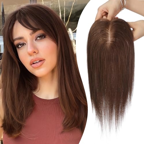 Human Hair Toppers For Women, 100% Remy With Bangs, 150% Density Silk Base Clip In 7 * 13cm Topper 10 inch 35g - Black