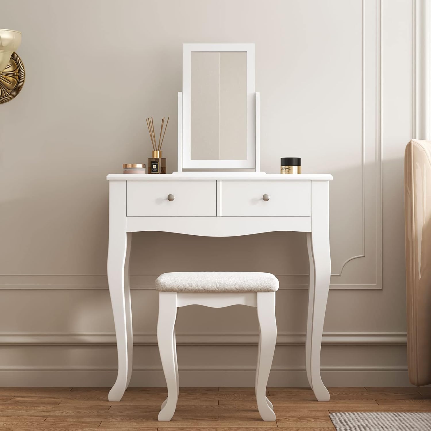 sogesfurniture Vanity Dressing Table Set Wooden Contemporary with 360° Pivoting Mirror and Stool, Multifunctional Makeup Dressing Table and with 2 Drawers, White
