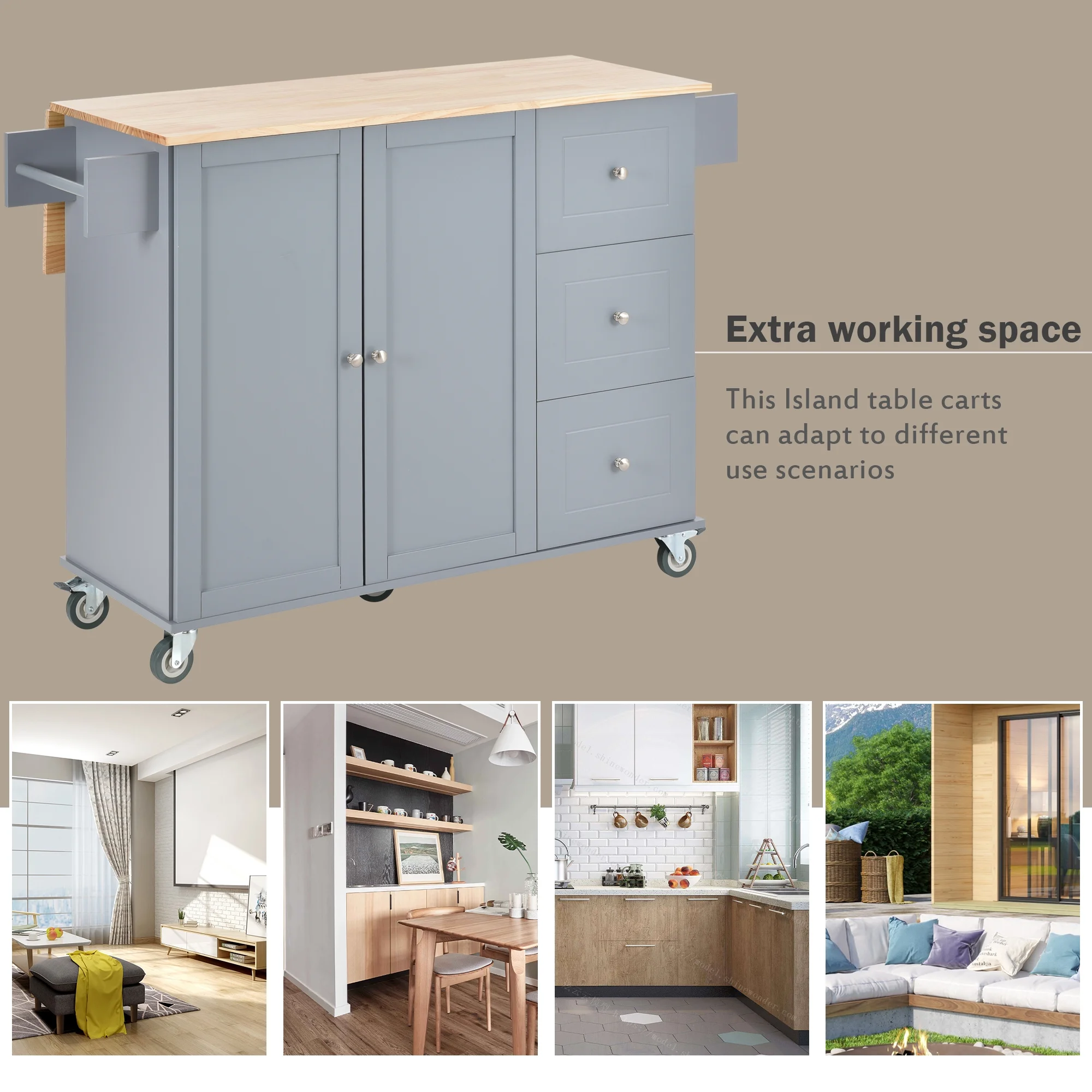 CHURANTY Kitchen Island Cart with Drop Leaf Breakfast Bar Wood Top, Rolling Kitchen Cart with Storage Drawes and Towel Rack Doors,Blue