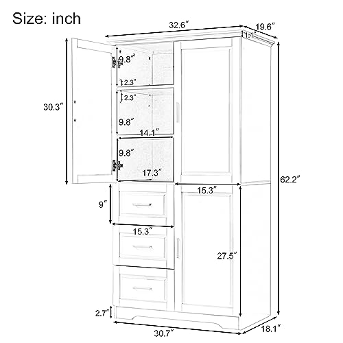Polibi Tall Storage Cabinet, Modern Freestanding Pantry with 3 Doors, Adjustable Shelves and 3 Storage Drawers for Kitchen/Bathroom/Living Room/Office, White
