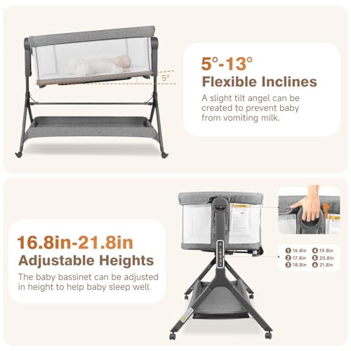 3-in-1 Baby Bassinet, Bedside Bassinet Sleeper, Rocking Bassinet with Comfy Mattress&Breathable Mesh, 6-Height Adjustable, Quiet Moveable & Easy-Assembly Grey Crib, 0-5 Months Baby