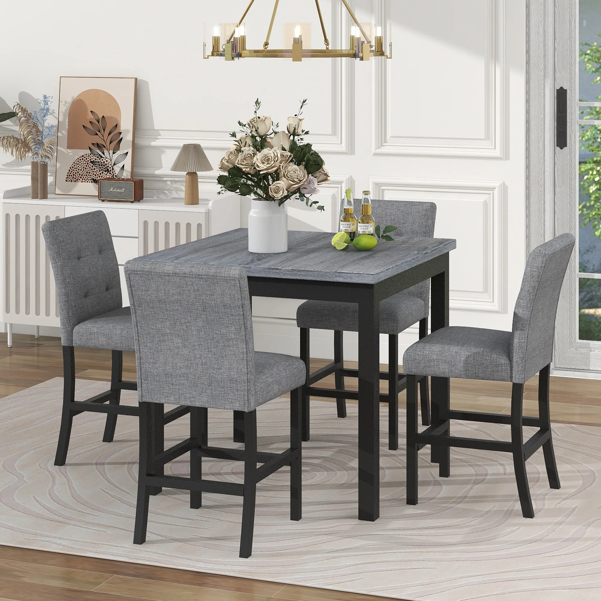 5-Piece Dining Set, Compact Counter Height 35.5-inch Square Dining Table with Footrest & Chair Set for Home, Apartment w/ 4 Chairs, Padded Seats & Backrests, Wooden Frame