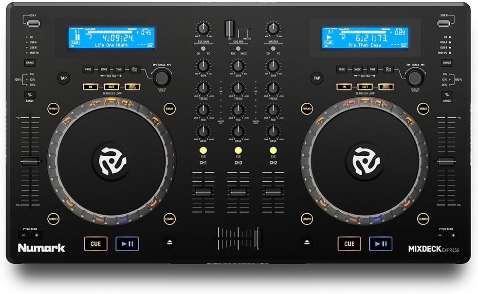 Numark Mixdeck Express DJ Controller, 2-Channel Standalone Media Player with CD, CD MP3, USB Playback, Dual Channel Mixer, Multi-Function Jog Wheels, Includes Serato DJ Intro