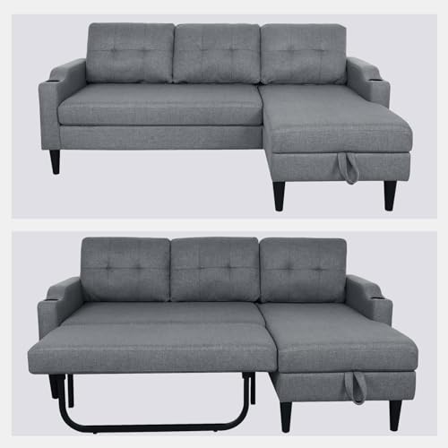 2-in-1 Design Pull Out Sleeper Sofa, Modern Upholstered L-Shaped Sofa with 2 Cup Holders & Side Storage Pocket, 3-Seat Storage Chaise Sectional Sofas for Living Room Office Apartment, Brown
