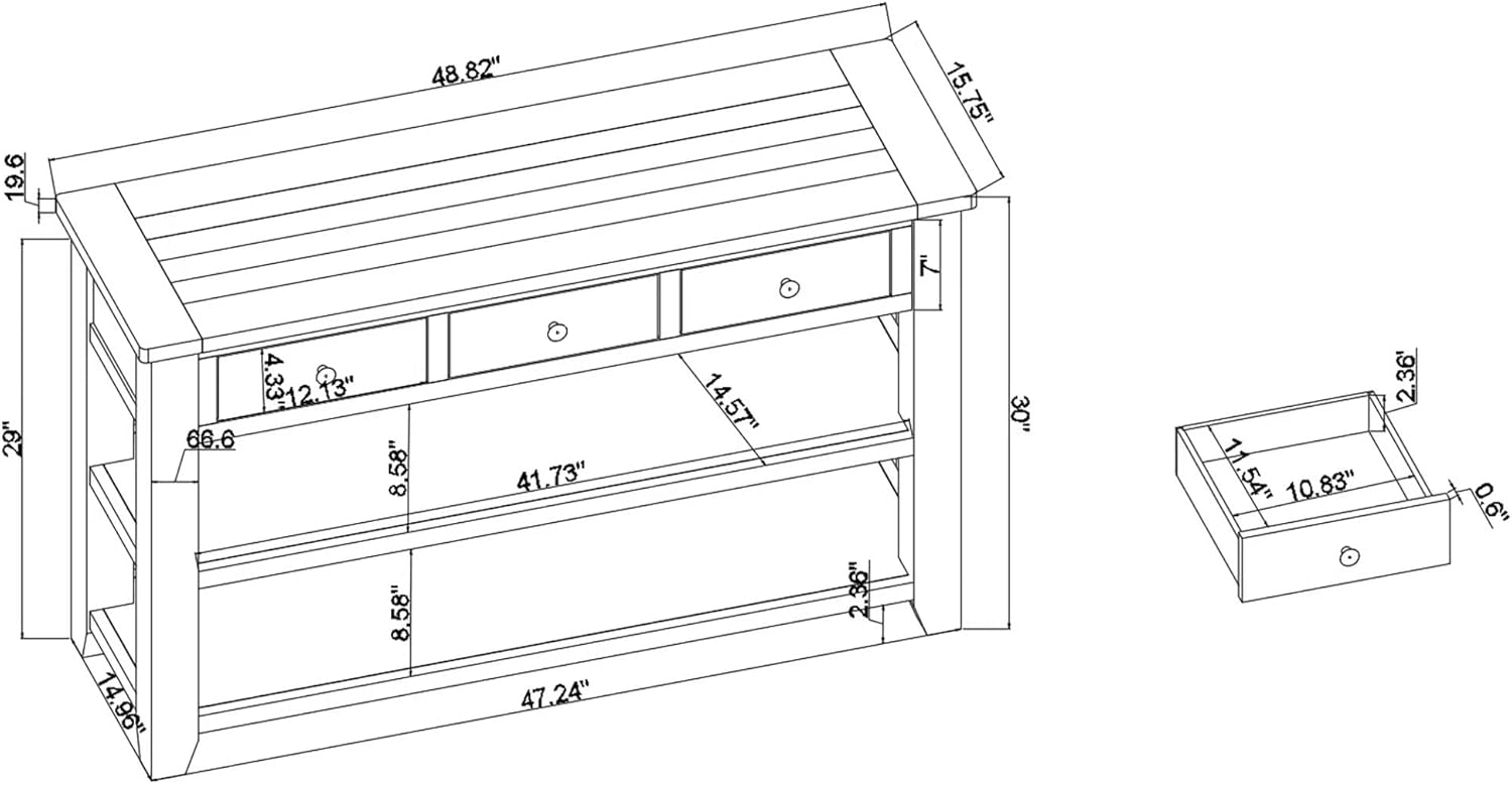 Knocbel Long Console Table with 3 Storage Drawers and Double Bottom Open Shelves,Wooden Sofa Tables Classic Retro and Modern Design for Entryway Entry Hallway Foyer,50